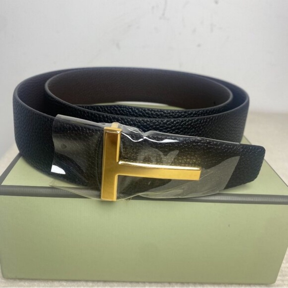 Tom Ford Black Pebbled Leather Belt with Gold T Buckle